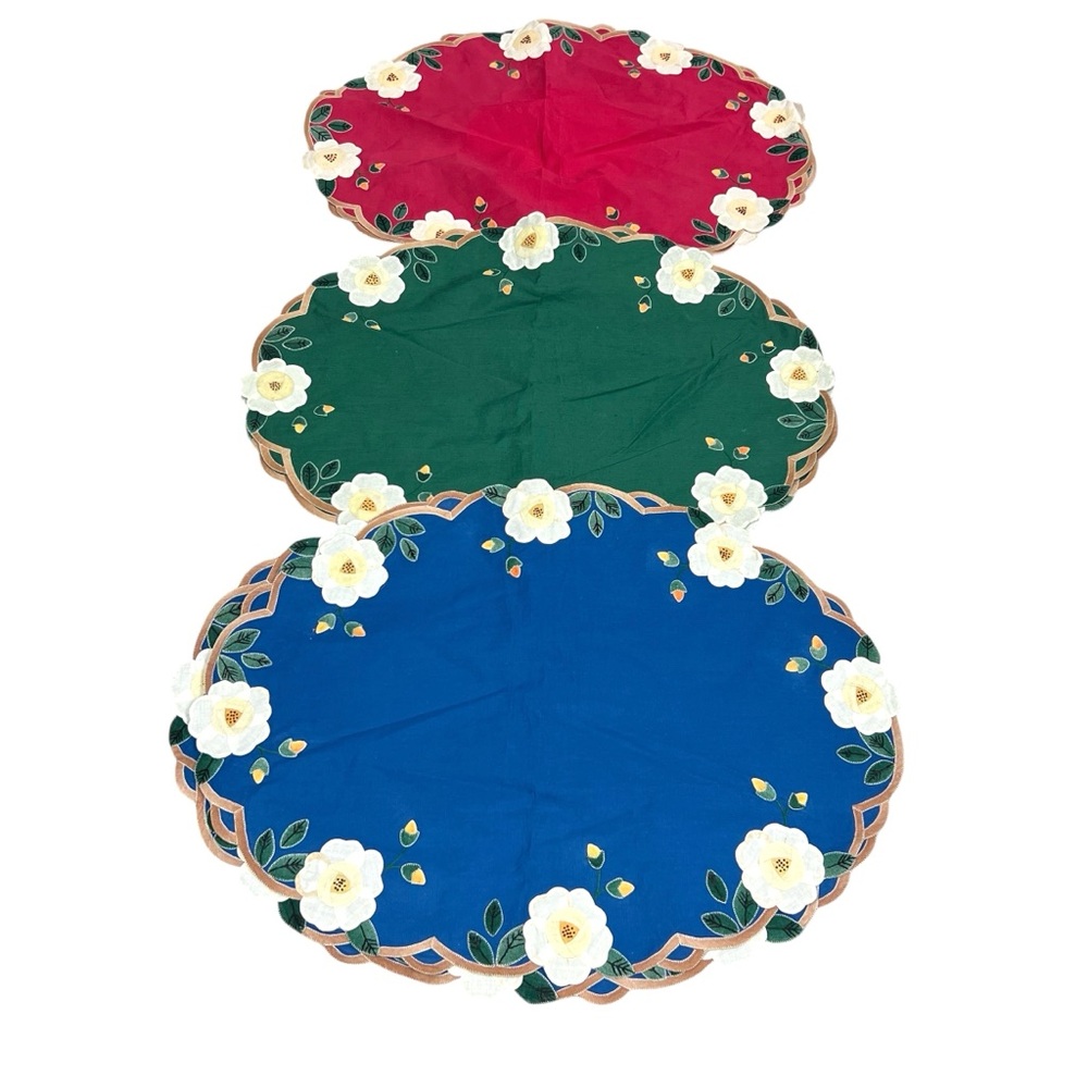 Vintage Placemats Green Blue Red Embroidered Linen Fabric Floral Lot of 6 Boho